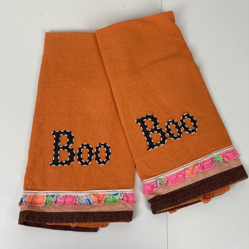 VTG Set Pair 24" Kitchen Hand Dish Towels Halloween Black Orange Pink Ruffle BOO